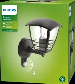 PHILIPS Væglampe Creek up med sensor E27 - sort| Udendørs Væglamper