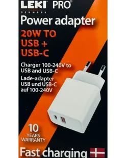 Leki Denmark PRO USB og USB-C Adapter 20W - hvid| Mobiltilbehør